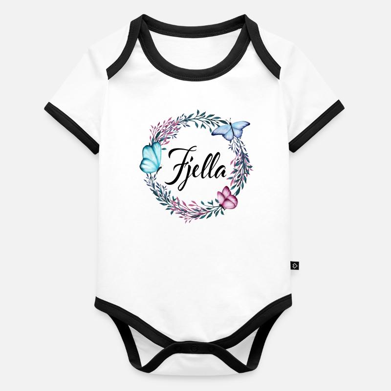 Fjella, nom, lettrage, couronne de fleurs, cadeau Body Bébé bio contrasté manches courtes