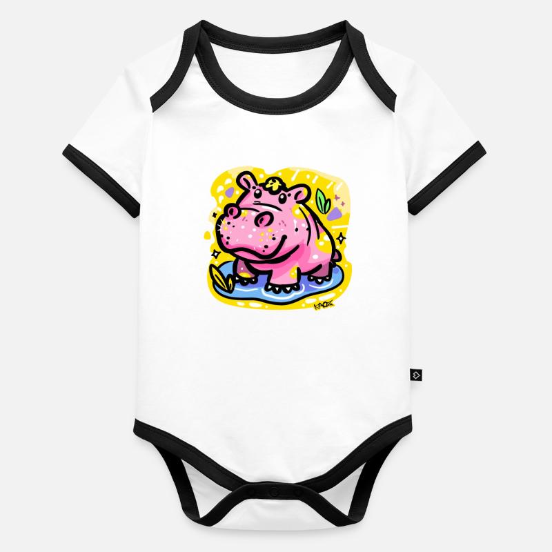 Hippopotame coloré et mignon Body Bébé bio contrasté manches courtes