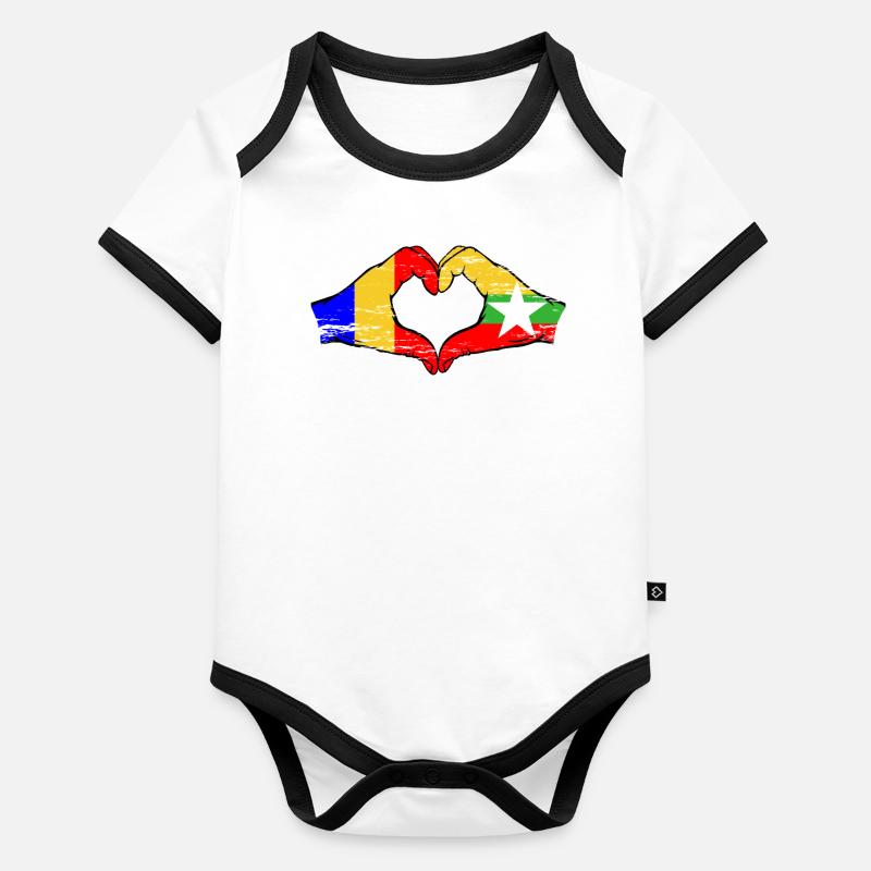 Roumanie Myanmar drapeau mains forme de coeur utilisé Body Bébé bio contrasté manches courtes