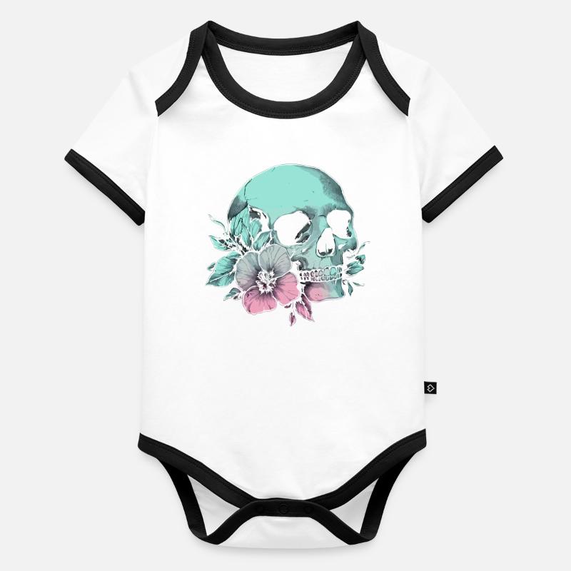 Crâne pastel avec fleur et style Body Bébé bio contrasté manches courtes