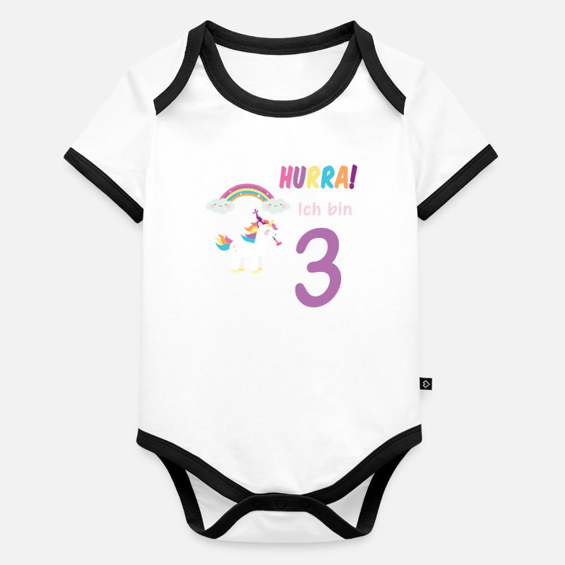 Hurra ich bin 3 Dritter Geburtstag 3 Jahre Einhorn Baby Bio-Kurzarm-Kontrastbody