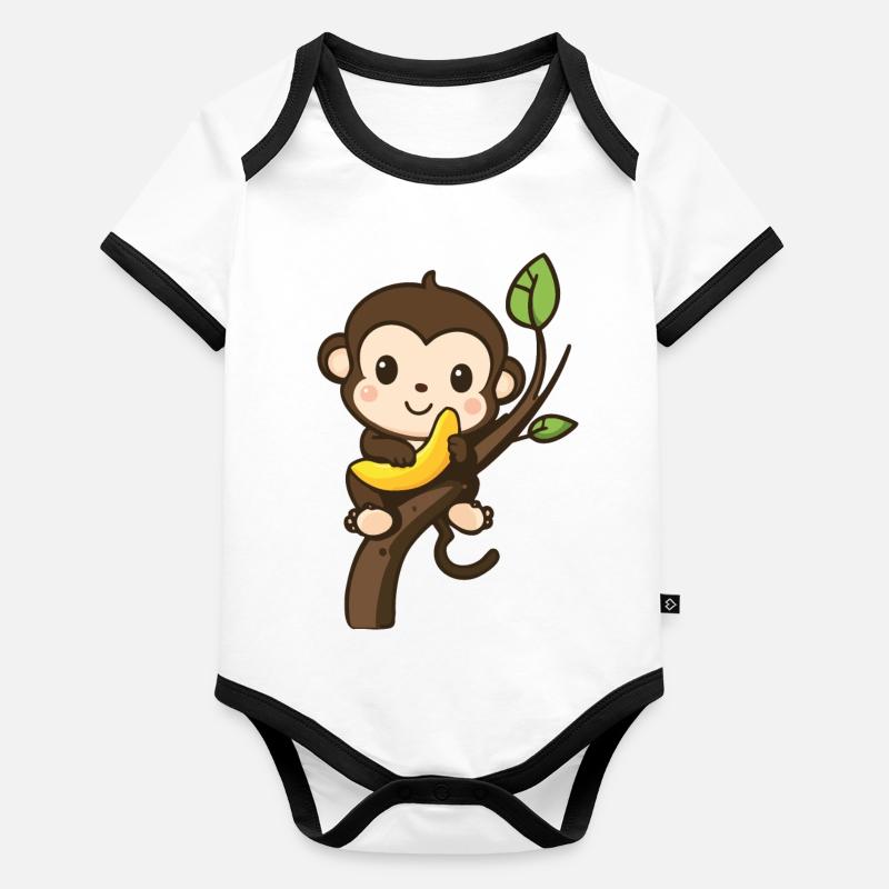 Süßes Äffchen mit Banane Baby Bio-Kurzarm-Kontrastbody