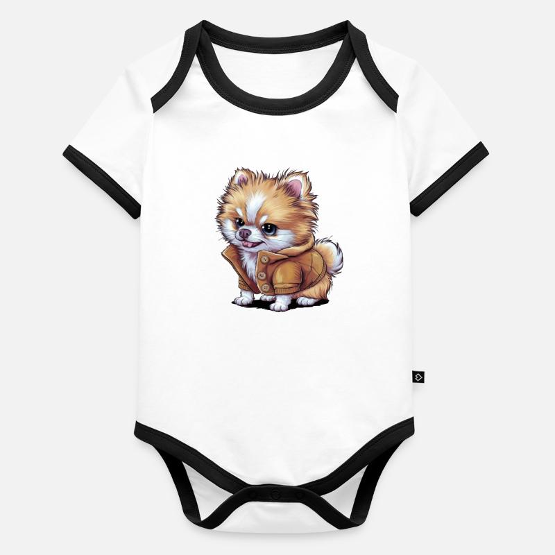 Spitz de Poméranie dans la recherche de dessin animé pour les propriétaires de chiens Body Bébé bio contrasté manches courtes