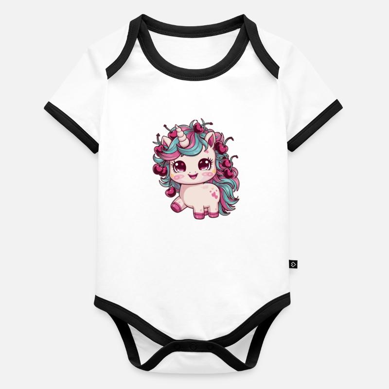 Cooles Kawaii Einhorn mit Kirschen Baby Bio-Kurzarm-Kontrastbody