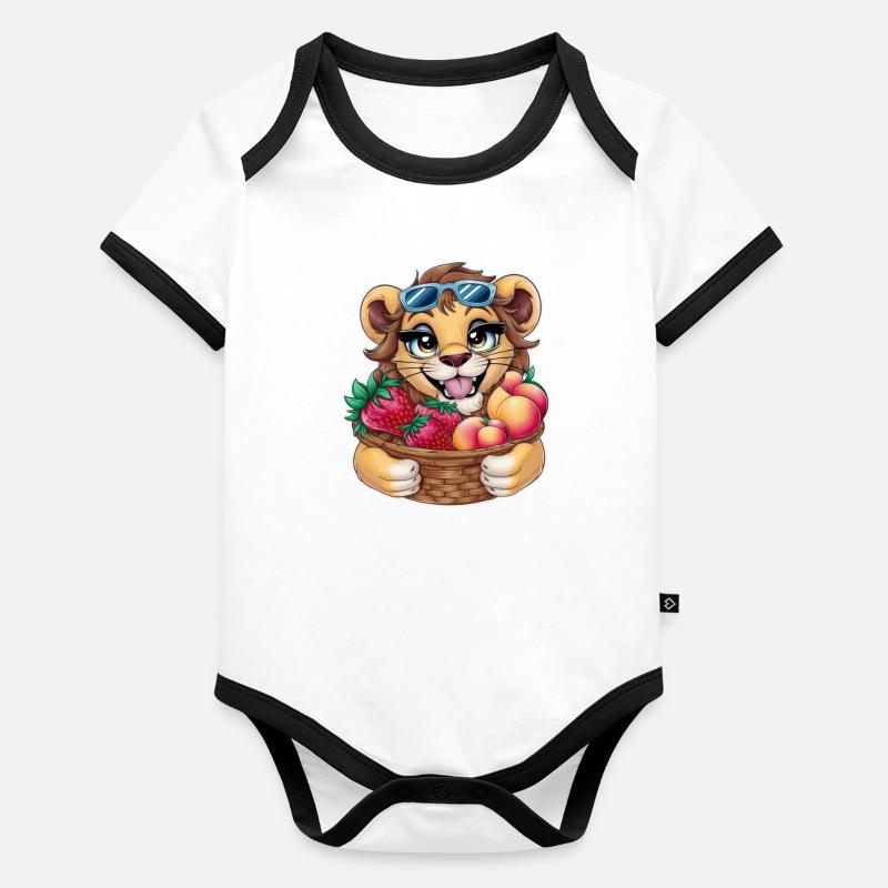 Kawaii lion with strawberries and peaches Organic Baby Contrasting Bodysuit