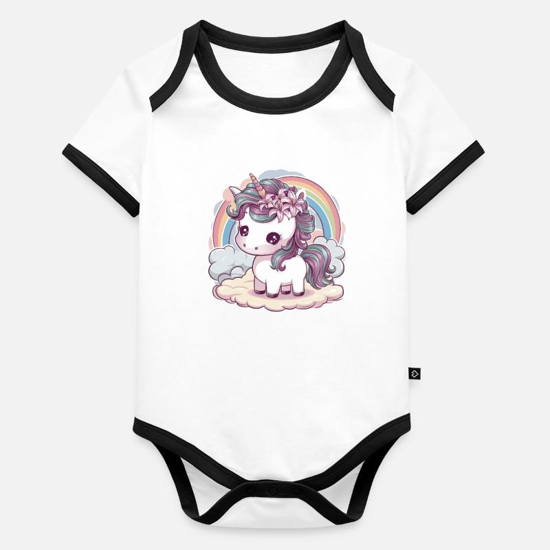 Kawaii Einhorn mit Lillien im Haar Baby Bio-Kurzarm-Kontrastbody