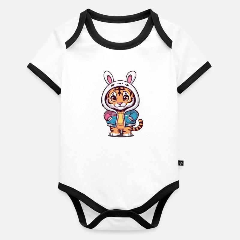 Tigre kawaii avec tenue de lapin mignon Body Bébé bio contrasté manches courtes