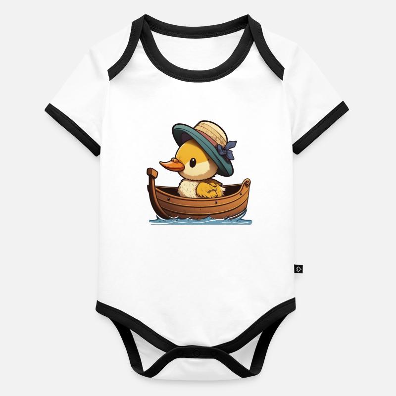 Canard mignon en bateau à rames avec chapeau d’été et fleur Body Bébé bio contrasté manches courtes