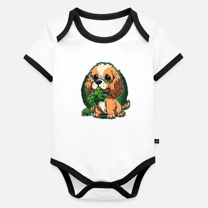 Cute dog eats broccoli vegetables Organic Baby Contrasting Bodysuit