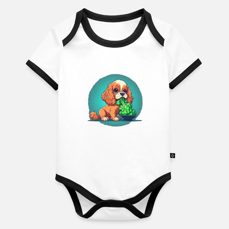 Cute dog eats broccoli vegetables Organic Baby Contrasting Bodysuit