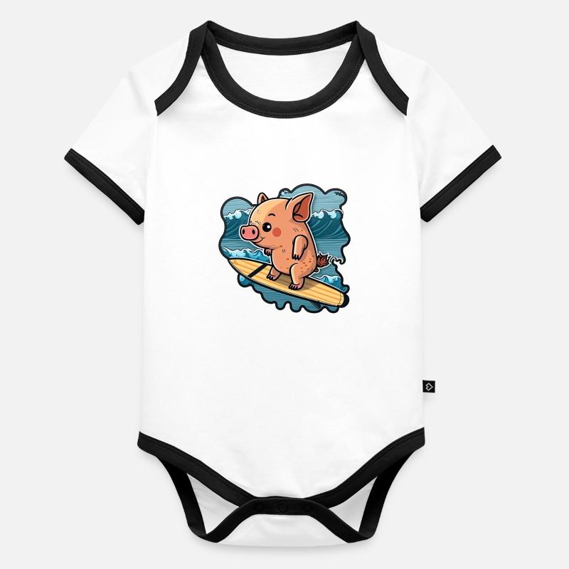 Joli cochon surfant dans la mer sur une planche de surf Body Bébé bio contrasté manches courtes