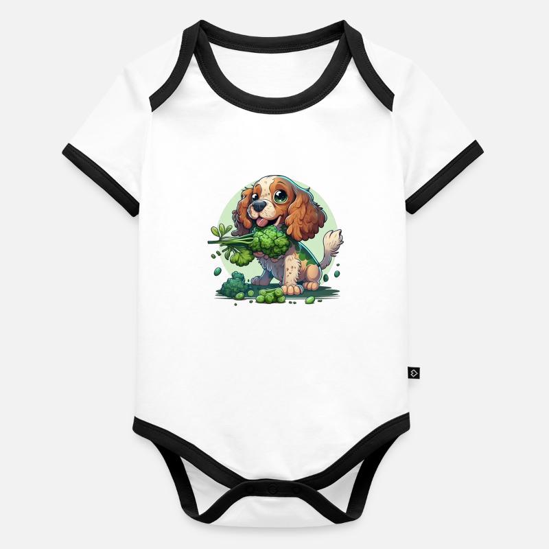 Cute dog eats broccoli vegetables Organic Baby Contrasting Bodysuit
