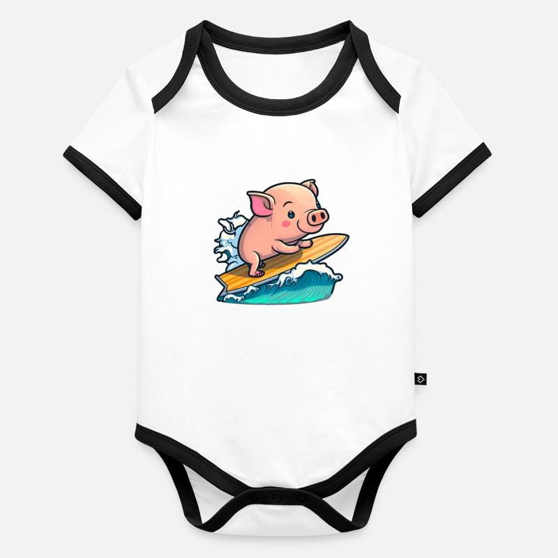 Cochon mignon dans la mer surf surf surf surf sur planche de surf Body Bébé bio contrasté manches courtes