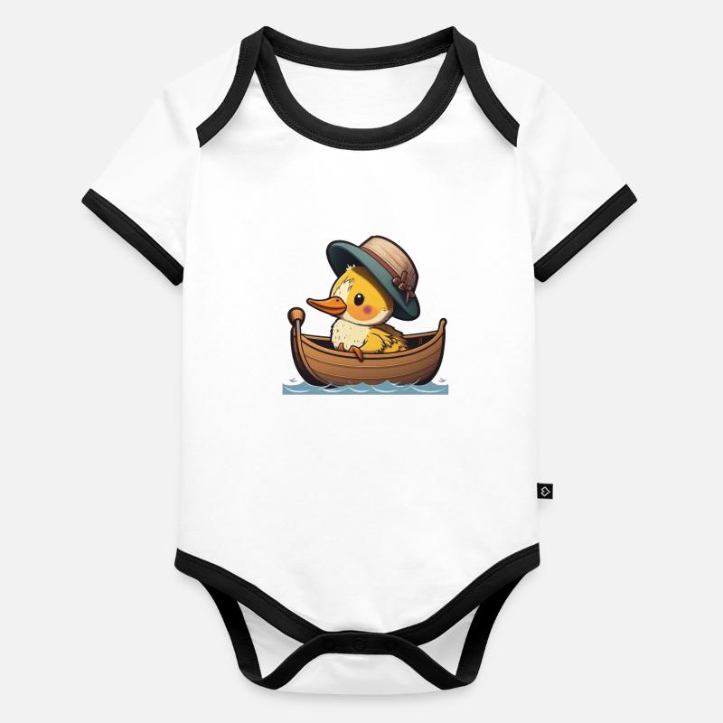 Süße Ente im Ruderboot mit Sommerhut und Blume Baby Bio-Kurzarm-Kontrastbody