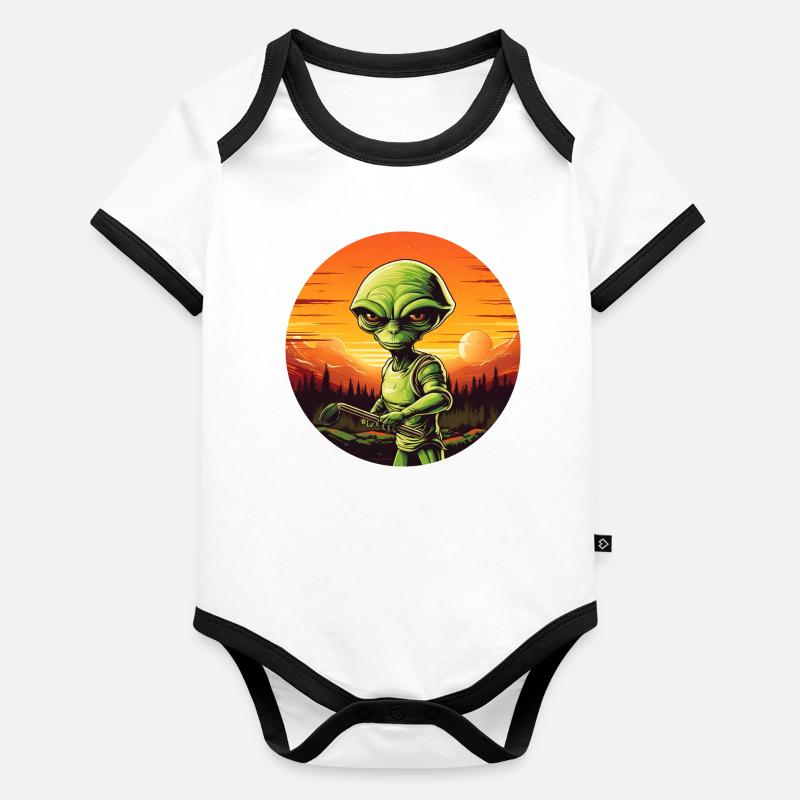 Green Alien Golfer - Aliens Playing Golf Organic Baby Contrasting Bodysuit