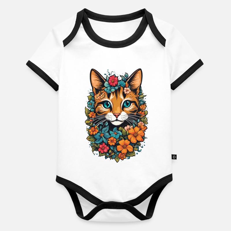 chat et fleur aquarelle Body Bébé bio contrasté manches courtes
