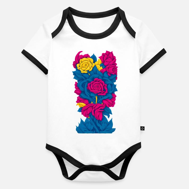 Fleurs (bleu, rouge, jaune) Body Bébé bio contrasté manches courtes