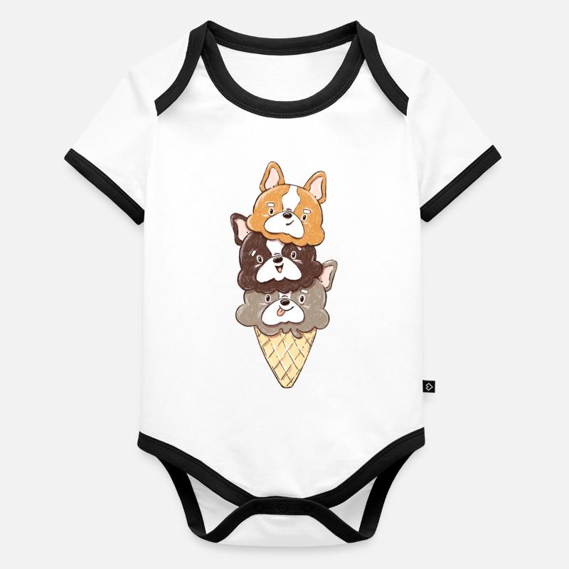 Cornet de glace bouledogue français - Chien Kawaii mignon Body Bébé bio contrasté manches courtes