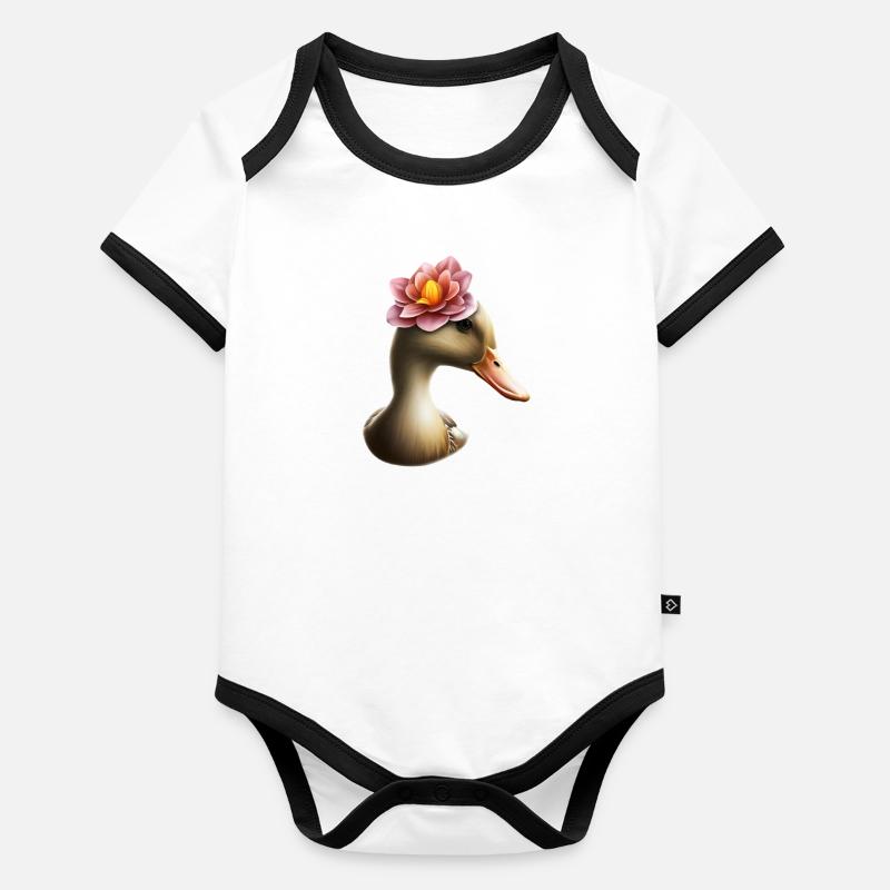 Canard avec chapeau de fleurs Body Bébé bio contrasté manches courtes