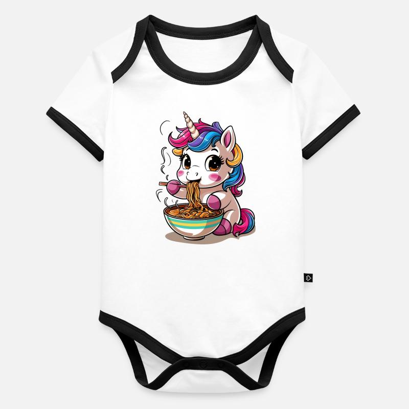 Licorne mignonne mangeant des ramen Body Bébé bio contrasté manches courtes