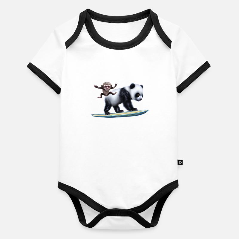 Surfing Panda and Monkey Organic Baby Contrasting Bodysuit