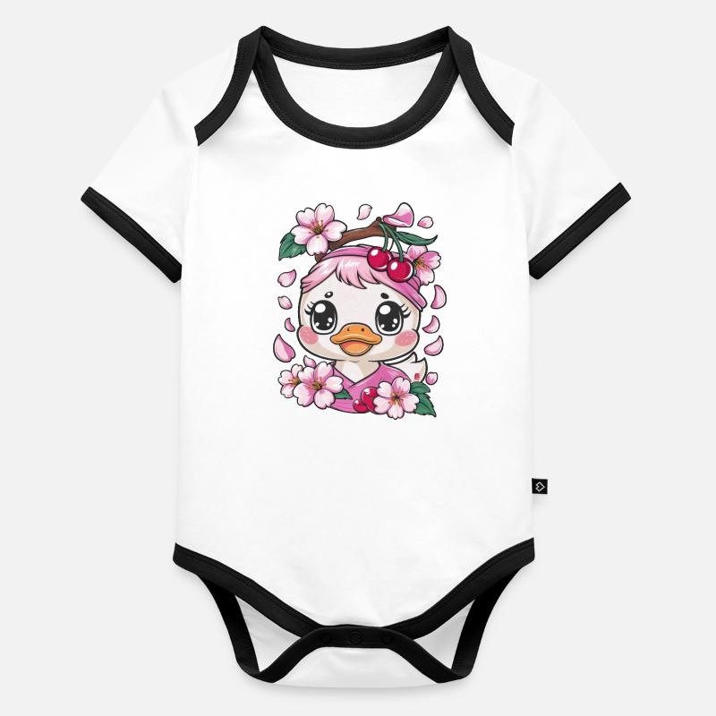 Entchen mit Kirschen und Sakura Kirschblüten Baby Bio-Kurzarm-Kontrastbody