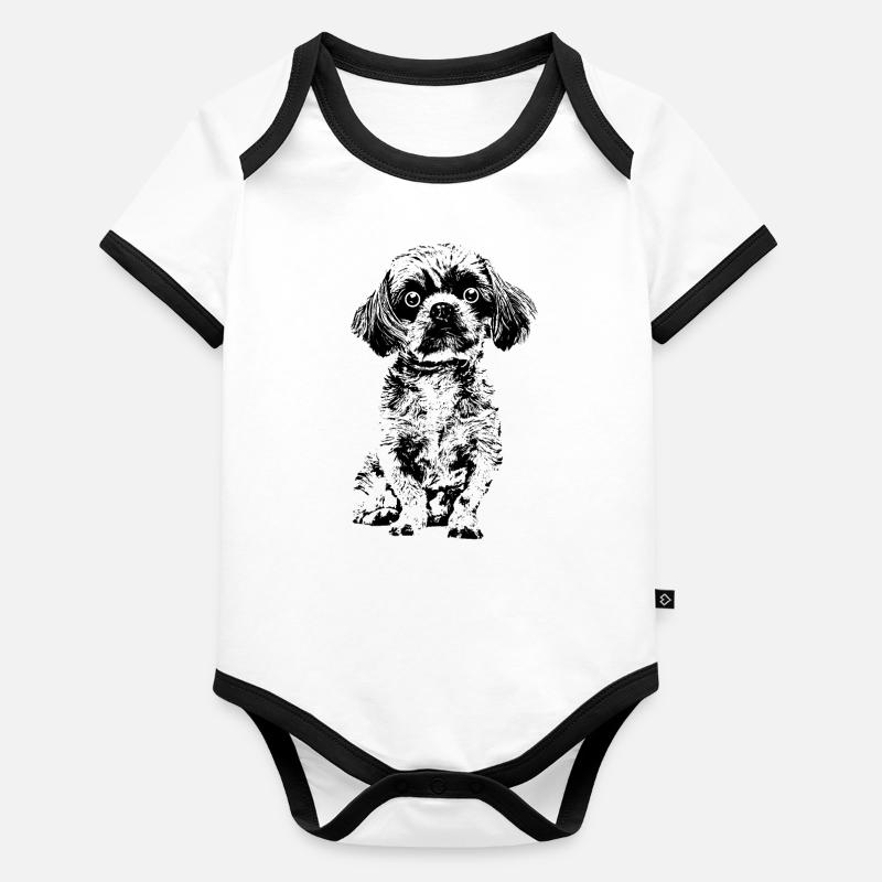 Drolliger kleiner Hund mit große Kulleraugen. Baby Bio-Kurzarm-Kontrastbody