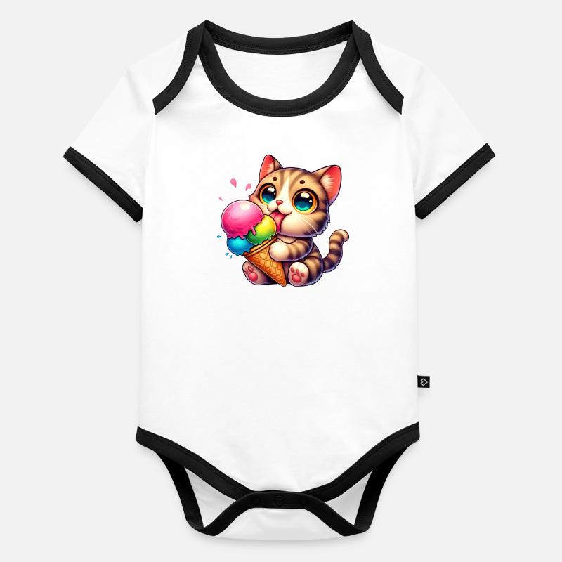 Chat mangeant un chaton de compagnie à la crème glacée Body Bébé bio contrasté manches courtes