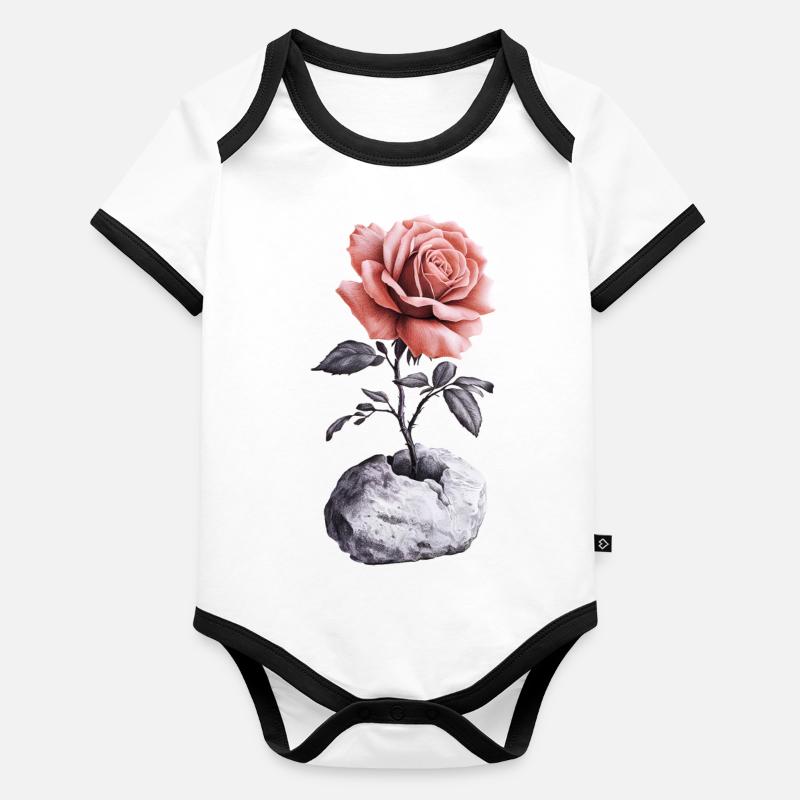 Red Pink Rose Breaks Stone Organic Baby Contrasting Bodysuit