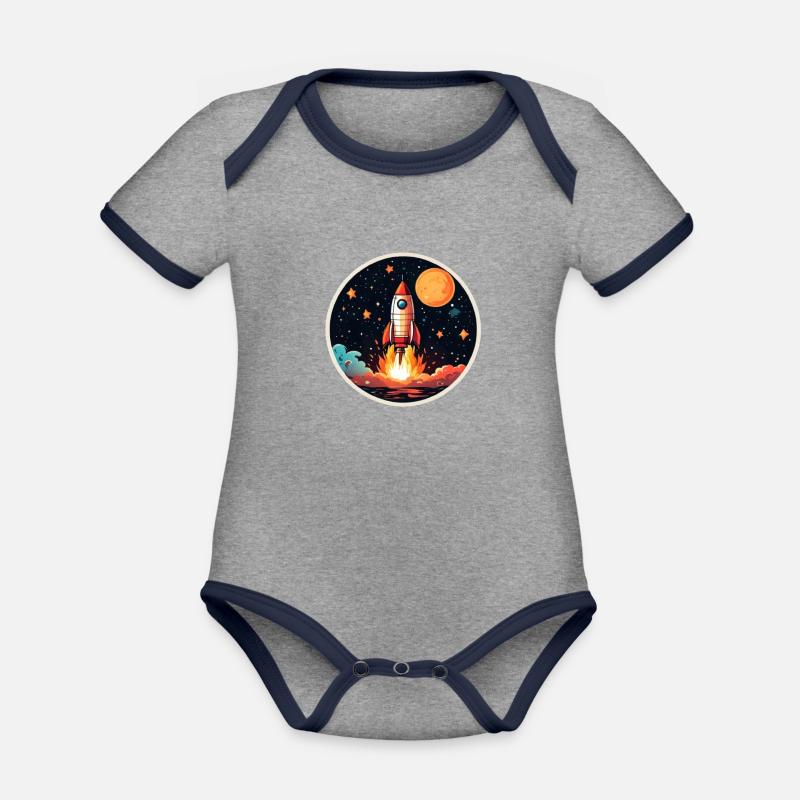 Fusée spatiale - Body Bébé bio contrasté manches courtes - gris chiné/bleu marine
