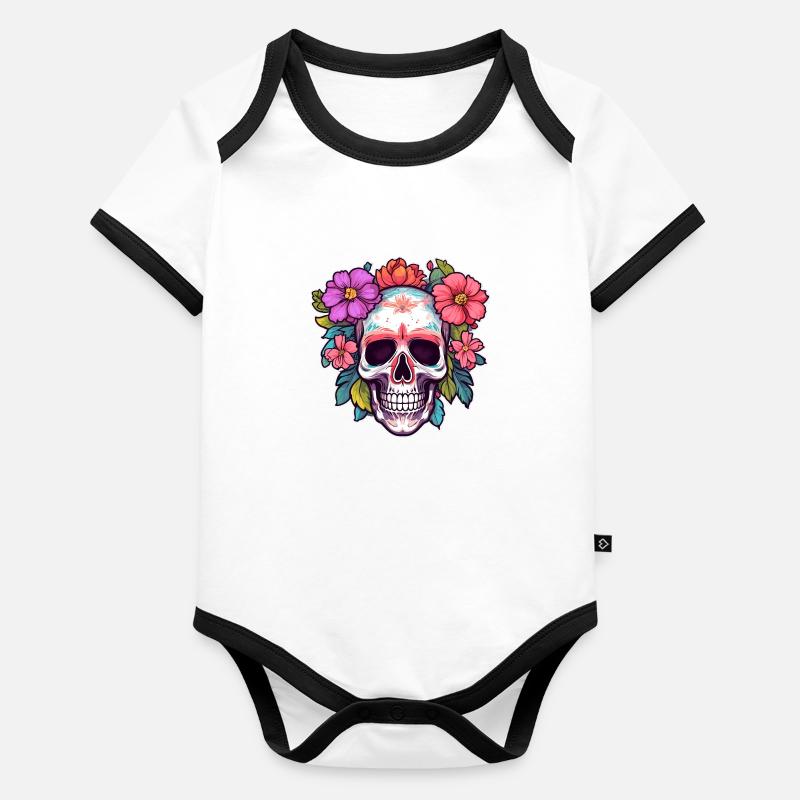 Crâne humain et fleurs 30 Body Bébé bio contrasté manches courtes