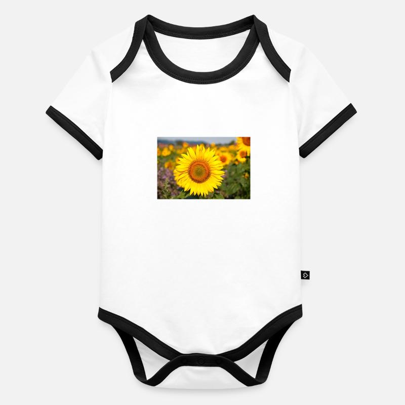 Sunflower flower head protrudes from a field Organic Baby Contrasting Bodysuit