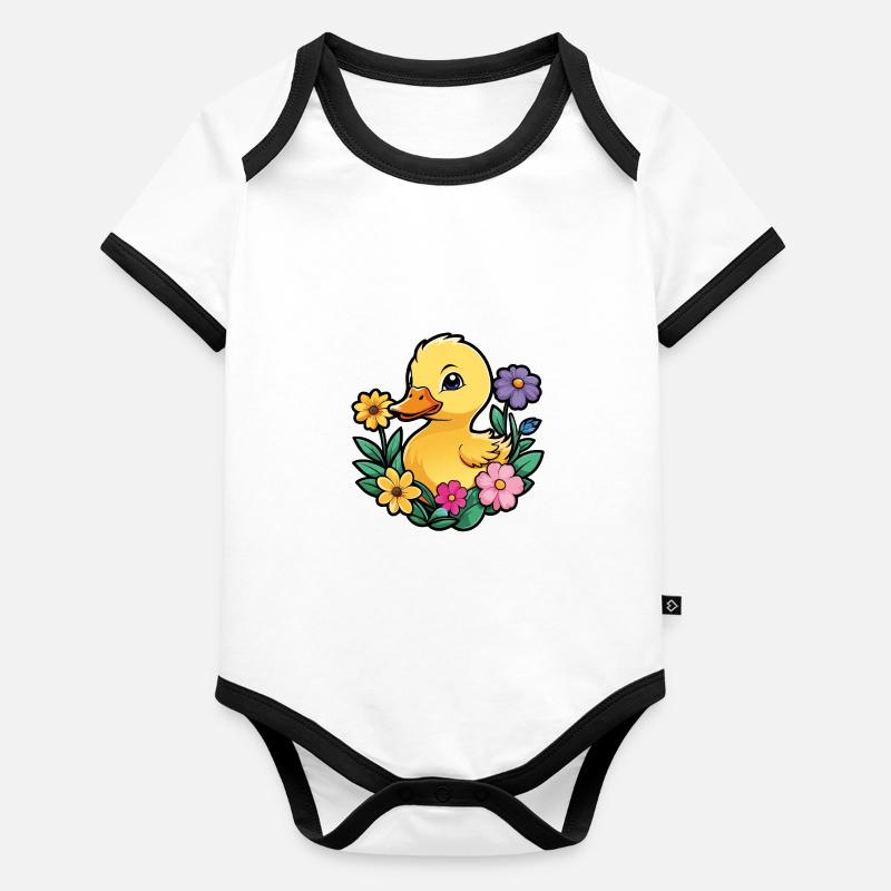 Mignon petit caneton jeune canard avec des fleurs Body Bébé bio contrasté manches courtes