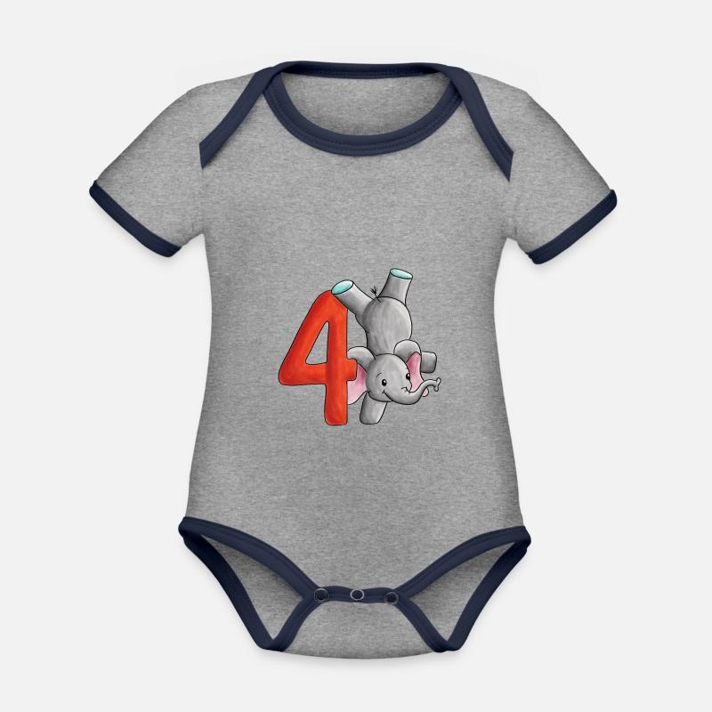 4e anniversaire éléphant - Body Bébé bio contrasté manches courtes - gris chiné/bleu marine