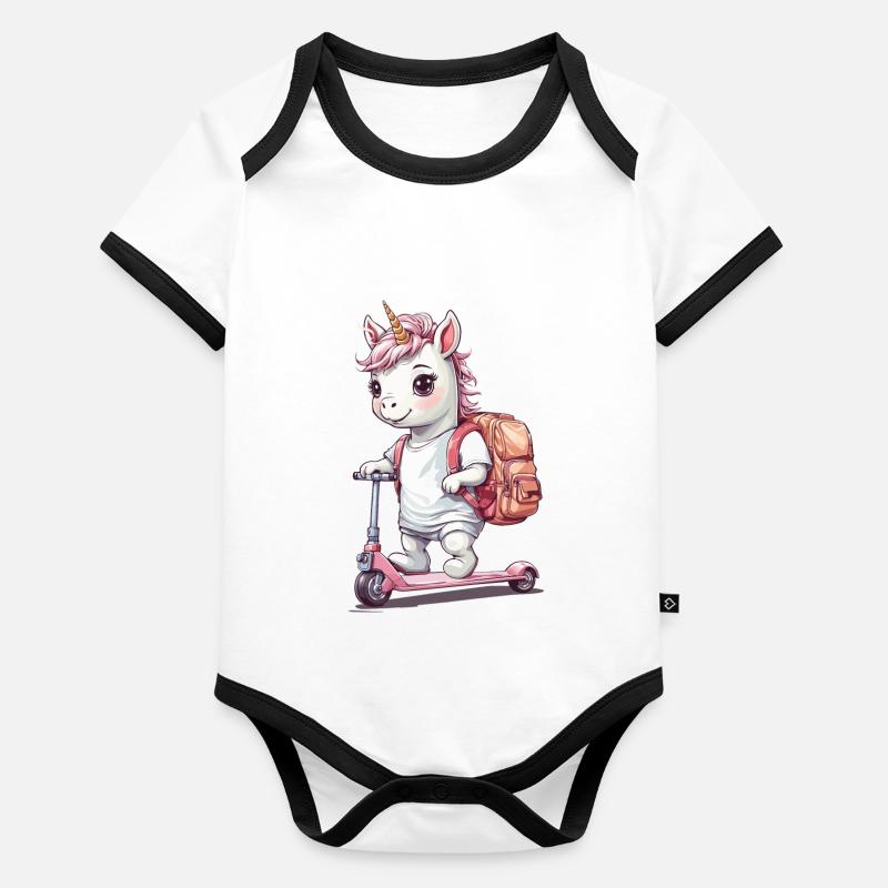 Étudiant licorne avec conception de scooter Body Bébé bio contrasté manches courtes