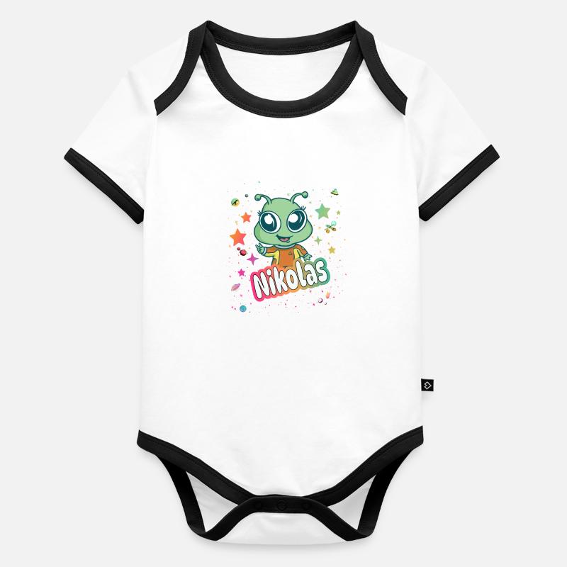 NIKOLAS - Schöner Junge Name mit süßem Alien Baby Bio-Kurzarm-Kontrastbody