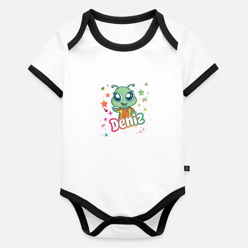 DENIZ - Schöner Junge Name mit süßem Alien Baby Bio-Kurzarm-Kontrastbody