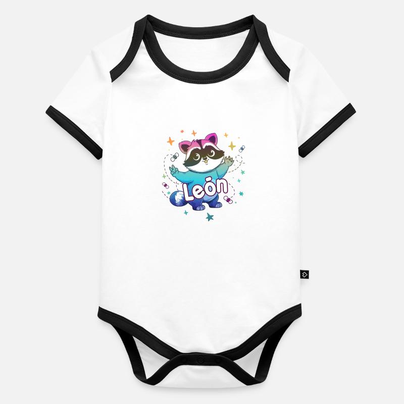 LEÓN - Beau nom de garçon avec un raton laveur mignon Body Bébé bio contrasté manches courtes