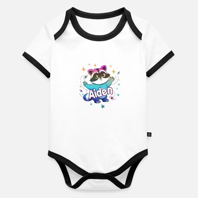 AIDEN - Beau nom de garçon avec un raton laveur mignon Body Bébé bio contrasté manches courtes