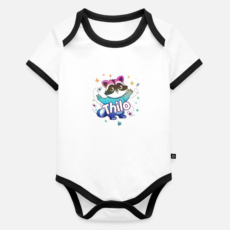 THILO - Schöner Jungen Name mit süßem Waschbär Baby Bio-Kurzarm-Kontrastbody