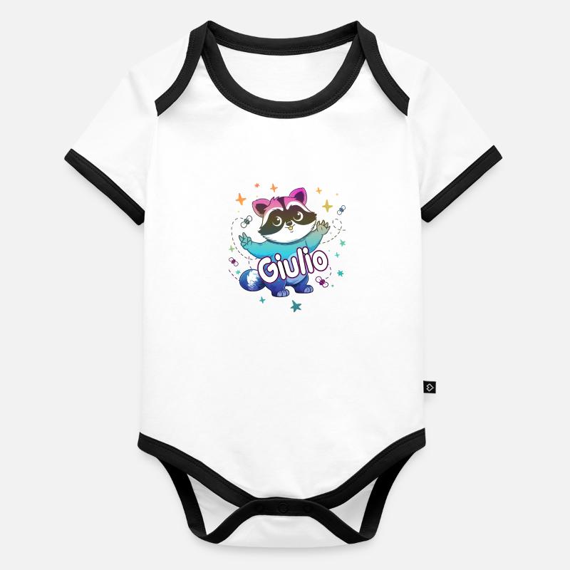 GIULIO - Beau nom de garçon avec un raton laveur mignon Body Bébé bio contrasté manches courtes