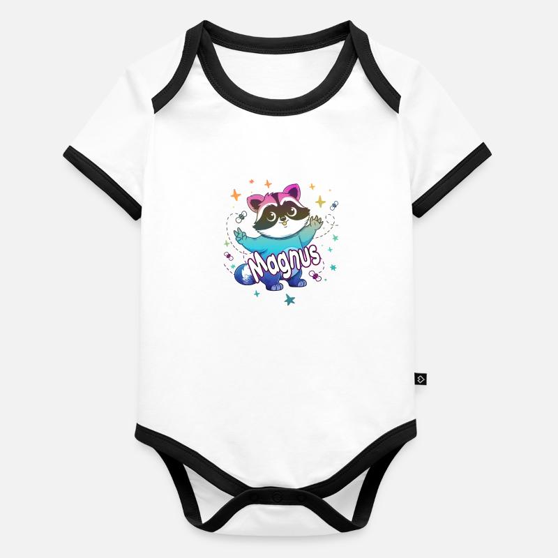 MAGNUS - Beau nom de garçon avec un raton laveur mignon Body Bébé bio contrasté manches courtes