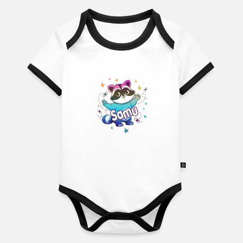 SAMU - Schöner Jungen Name mit süßem Waschbär Baby Bio-Kurzarm-Kontrastbody