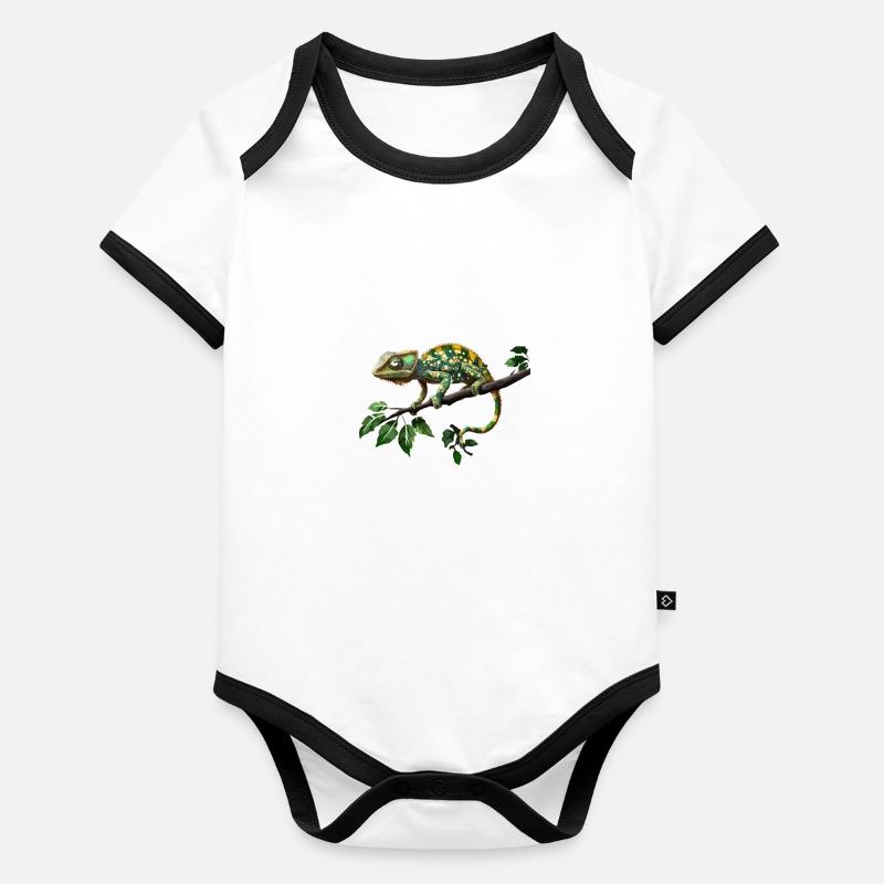 Caméléon coloré sur branche dans la jungle verte Body Bébé bio contrasté manches courtes