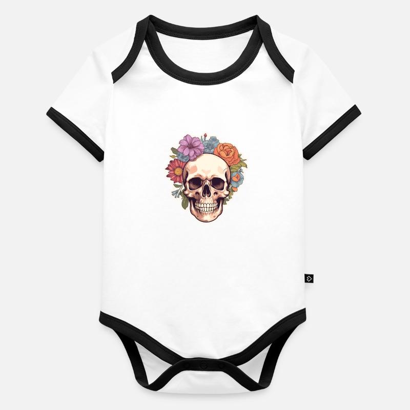 Crâne humain et fleurs 4 Body Bébé bio contrasté manches courtes