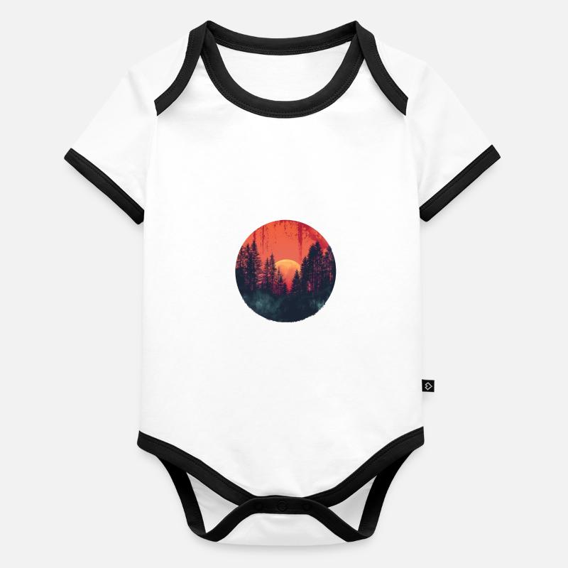 Sunset Forest Silhouette Outdoor Retro 80s Vibe Baby Bio-Kurzarm-Kontrastbody