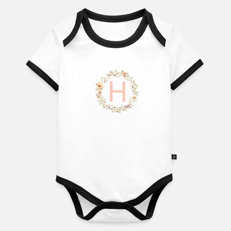 Personalisierbar Monogramm H Blumenkranz Boho Baby Bio-Kurzarm-Kontrastbody