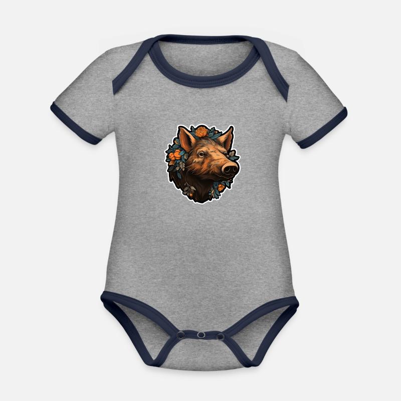 Wild boar's head with flowers - Organic Baby Contrasting Bodysuit - heather grey/navy