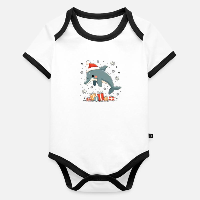 Delfin mit Weihnachtsmütze - Schneeflocken Baby Bio-Kurzarm-Kontrastbody