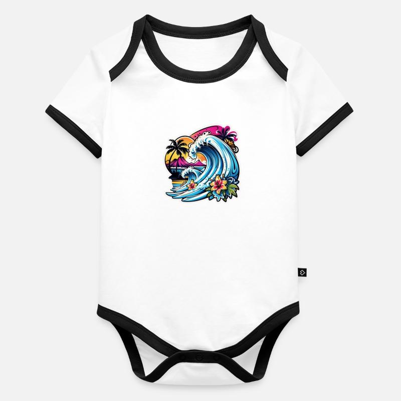 surf plage palmier soleil vacances Body Bébé bio contrasté manches courtes
